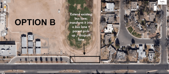 Click to enlarge!  This image shows the space available to enlarge the existing bus drop off area