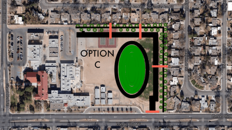 Click to enlarge! In my rough illustration, the red rectangles represent the enhanced crossings proposed by Jeff Speck. A tree lined sidewalk skirts the outer edge of the project area
