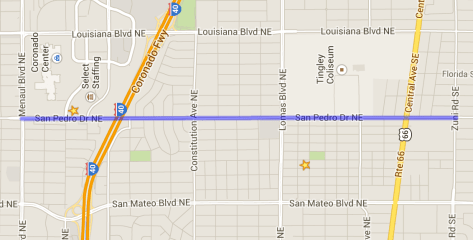 The blue line on this map highlights the segment of San Pedro which requires change.