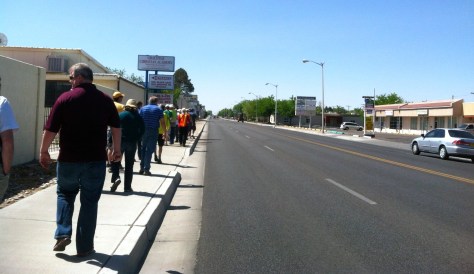 Notice how far people are walking from the curb in fear. Vehicles frequently move at 50 MPH+ on this street, San Pedro. - Photo: Valerie Hermanson