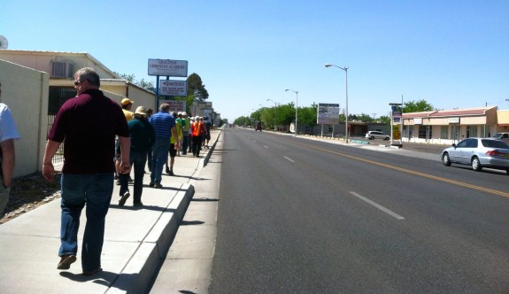 Notice how far people are walking from the curb in fear.  Vehicles frequently move at 50 MPH+ on this street, San Pedro. - Photo: Valerie Hermanson