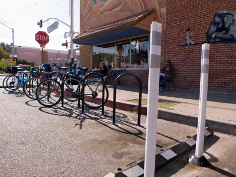 A bike corral in front a coffee shop in Tucson, Arizona.