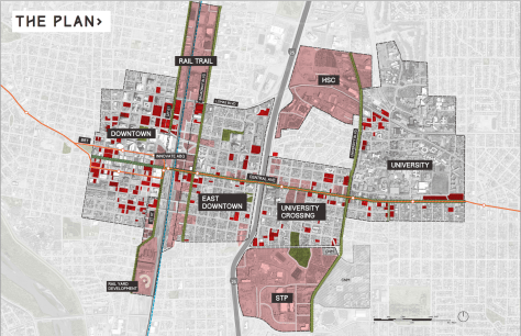 An image from the Innovate ABQ plan, linked below. Dark red = underutilized opportunity areas, primarily surface parking lots.