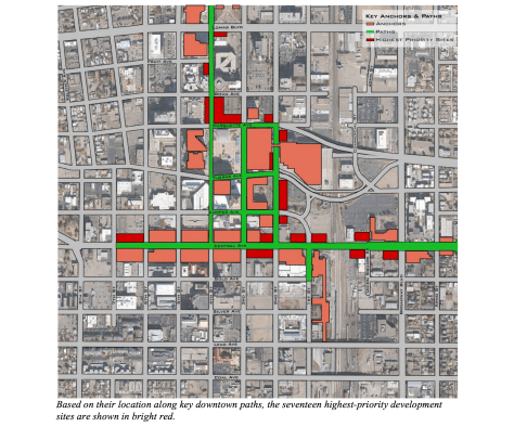 According to Mr. Speck, this image features the most walkable corridors Downtown and the "missing teeth" along those corridors. According to the report, these should be the highest priority development sites.