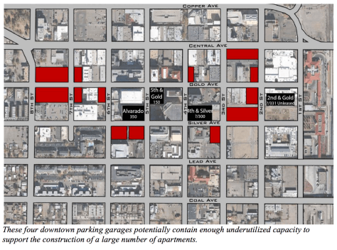 This image, from the Jeff Speck plan, illustrates the potential development opportunities around underutilized parking garages.