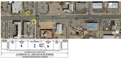 A typical section of the redesigned Zuni Road. It will be very similar to the rebuild of San Pedro.