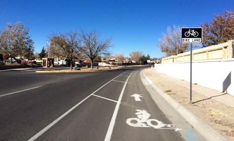A buffered bike lane on Taylor Ranch Rd on the Westside of Albuquerque. 