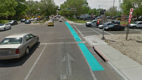 A rendering of what turquoise bike lanes could look like on MLK and I-25, westbound. 