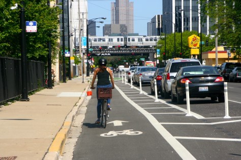 A parking protected bike lane with bollards in Chicago. 