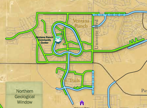 According to the city bike map, Ventana Ranch on the Westside has many multi-use trails which do not connect to anything.