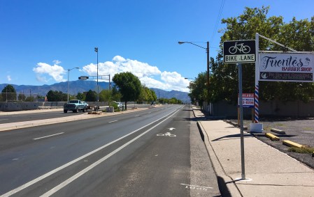 This section of Zuni, between Washington and San Mateo, went from 3 lanes in each direction to 2 lanes in each direction + wide, buffered bike lanes. The majority of the corridor, from San Mateo to Central, went from 2 lanes in each direction to 1 lane in each direction + a center turn lane + bike lanes on each side. 
